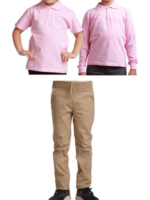 Unisex Çocuk Ribana Bel Keten Okul Pantolonu + Polo Yaka Kısa ve Uzun Kol T-Shirt