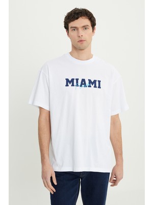 Oversize %100 Pamuk Geniş Kesim Baskılı Bisiklet Yaka Tişört