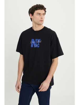 Oversize %100 Pamuk Geniş Kesim Baskılı Bisiklet Yaka Tişört