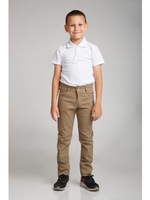 Spor Model Bej Likralı Canvas Okul Pantolon Gizli Bel Lastikli