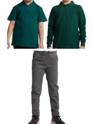 Unisex Çocuk Ribana Bel Keten Okul Pantolonu + Polo Yaka Kısa ve Uzun Kol T-Shirt