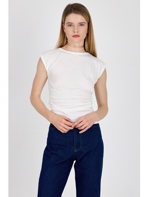 Beyaz Bisiklet Yaka Bel Büzgülü Bluz 2301