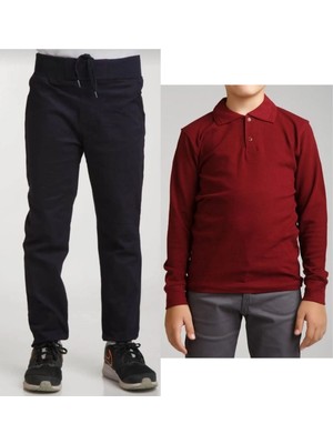 Unisex Çocuk Ribana Bel Keten Siyah Okul Pantolonu + Yaka Uzun Kol T-Shirt