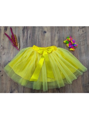 Çello Mello 23 Nisan Kız Çocuk Fiyonklu Hayal Tüllü Tütü Etek Sarı Dantel Kumaş Uzun Bel ile Yaz Sezonuna Uygun