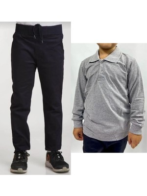 Unisex Çocuk Ribana Bel Keten Siyah Okul Pantolonu + Polo Yaka Uzun Kol T-Shirt