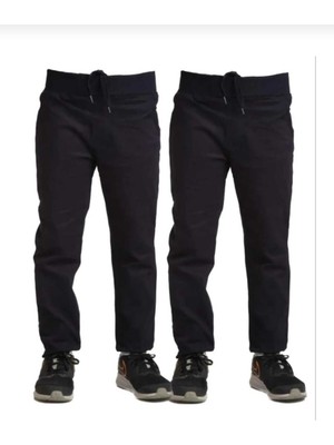 Unisex 2li Çocuk Rahat Kalıp Ribana Bel Canvas Keten Okul Pantolonu 2 Adet