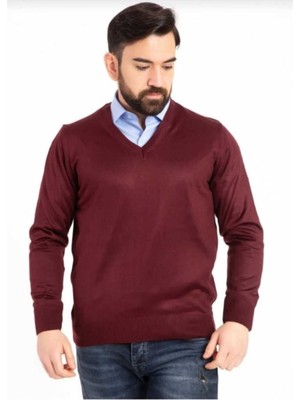 Erkek Ince Yün Triko Örgü Regular Baba V Yaka Kazak