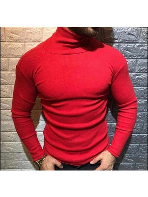 Erkek Kırmızı Lycra Boğazlı Kazak