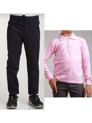 Unisex Çocuk Ribana Bel Keten Siyah Okul Pantolonu + Polo Yaka Uzun Kol T-Shirt