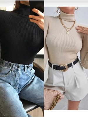 Unisex 2li Paket Pamuklu Balıkçı Yaka Kaşkorse Şardonlu Slimfit Boğazlı Kazak