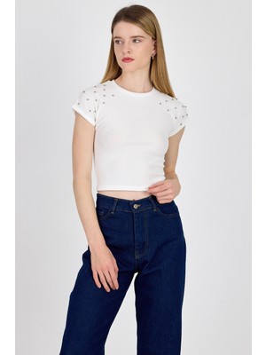 Beyaz Omuz Boncuk Detaylı Slim Fit Crop Tişört 9208M