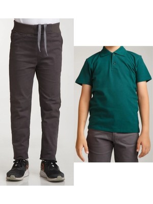 Unisex Çocuk Ribana Bel Keten Füme Okul Pantolonu + Polo Yaka Kısa Kol T-Shirt