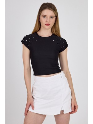 Siyah Omuz Boncuk Detaylı Slim Fit Crop Tişört 9208M