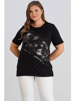 Wearon Kadın Julia Varak Baskılı Taşlı Penye Siyah Tişört