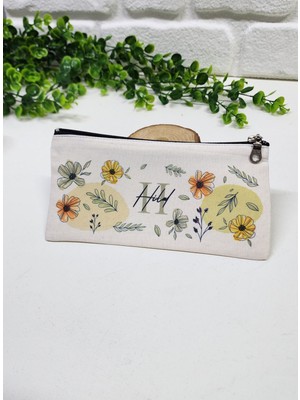 Kişiye Özel İsme Özel Bez Kalemlik Mavi Yaprak ve Renkli Çiçek Desenli Mini Organizer