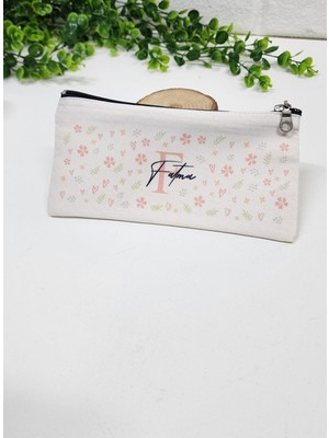 Kişiye Özel İsme Özel Bez Kalemlik Kalp ve Kırmızı Çiçek Desenli Mini Organizer