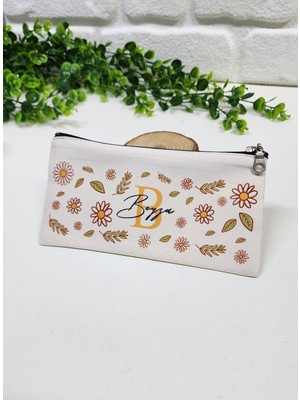Kişiye Özel İsme Özel Bez Kalemlik Papatya ve Yaprak Desenli Mini Organizer