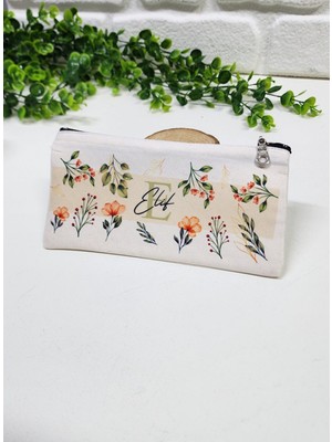 Kişiye Özel İsme Özel Bez Kalemlik Yeşil Yaprak ve Kırmızı Çiçekli Mini Organizer