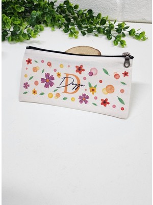 Kişiye Özel İsme Özel Bez Kalemlik Renkli Çiçekli ve Yaprak Desenli Mini Organizer