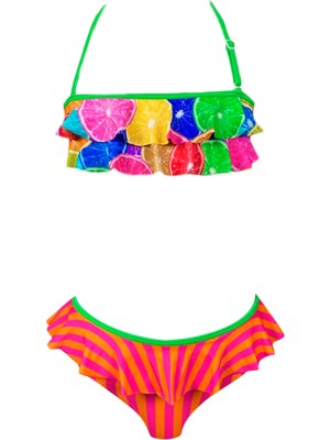 Halter Yaka Renkli Portakal Desenli Bandeau Fırfırlı 50UV Kız Çocuk Bikini Takımı By Nessi Byrd