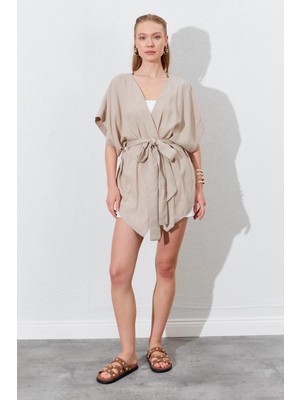 Kadın Koyu Bej Düşük Kol Kuşaklı Kimono
