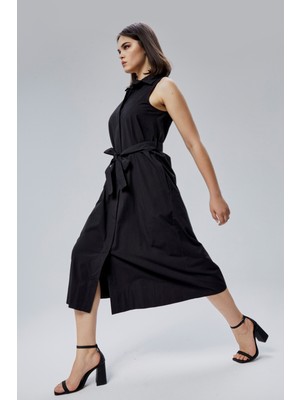 Siyah Regular Fit Kuşak Kemerli Elbise