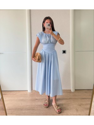 Drapeli Geniş Çan Etek Beli Büzgü Tasarım Kısa Kollu Bele Oturan Pinterest Şık Muadil Midi Elbise