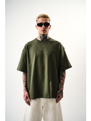 Erkek Respire Yazı Detaylı Oversize T-Shirt Haki