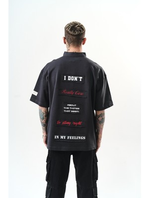 Erkek I Don't Nakışlı Oversize T-Shirt Füme