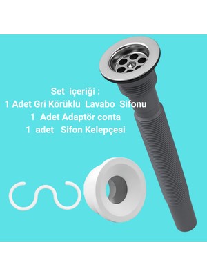 Gri Körüklü Lavabo Sifon Seti | Adaptör Conta + Sifon Kelepçesi Dahil 3’lü Takım