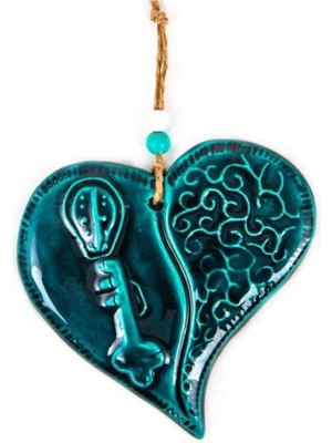 Parlak Turkuaz Seramik Battal 2 No Kalp Duvar Kapı Süsü Aksesuarı