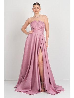 Hvit Vera Kadın Straplez Sırttan Çapraz Bağlamalı Maxi Boy Abiye Elbise 5703 Pudra