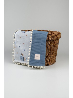 Pufien 90 x 90 Ponponlu Desenli Çift Yönlü Müslin Bebek Örtüsü, Çok Amaçlı Waffle Müslin Örtü & Battaniye