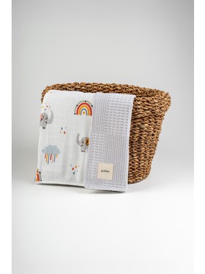 Pufien 90X90 Gri Waffle Pike ve Müslin Gökkuşağı Desenli Çift Yönlü Bebek Çok Amaçlı Örtü & Battaniye