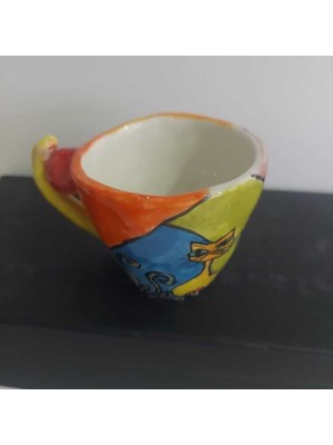 Küçük Kupa El Yapım Yükseklik 7cm Genişlik 10CM Kedili Rengarenk Seramik 1 Adet