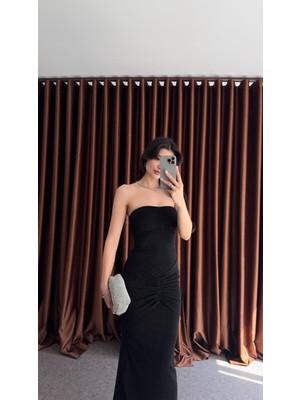 Simli Likralı Siyah Straplez Elbise