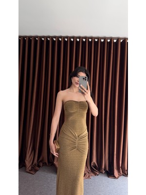 Simli Likralı Gold Straplez Elbise