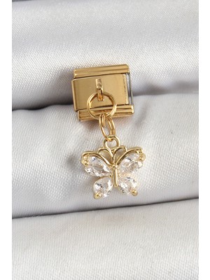 316L Çelik Sallantılı Zirkon Taşlı Kelebek Model Gold Renk Nomination Charm