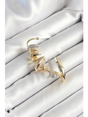 Pirinç Zirkon Taş Kaplamalı Sarmal Figürlü Gold Renk Kadın Sağ Kıkırdak Küpe