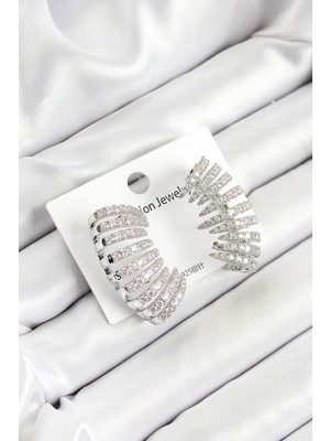 Pirinç Zirkon Taşlı Çoklu Görünümlü Model Gümüş Renk Kadın Küpe