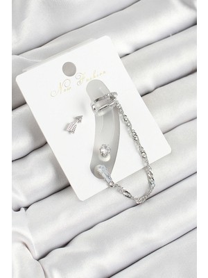 Pirinç Ok Figürlü Zirkon Taşlı Gümüş Renk 3'lü Kıkırdak Kadın Küpe Set