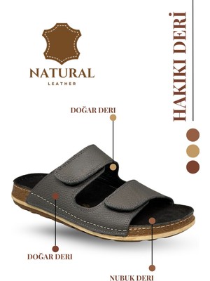 Sermoda Çift Cırtlı Hakiki Deri Erkek Terlik Doğal Deri Terlik C Füme