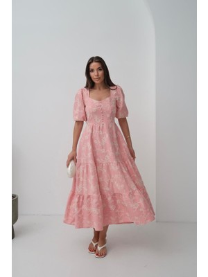 Arben Boutique Pembe Süs Düğmeli Balon Kollu Elbise