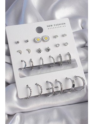 Pirinç Gümüş Renk Papatya Detaylı 12 Çiftli Kadın Küpe Seti