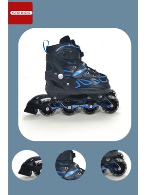 Mavi Çift Sıra Alüminyum Gövdeli Işıklı Silikon Teker Ayarlanabilir Alıştırma Pateni Çanta Hediyeli