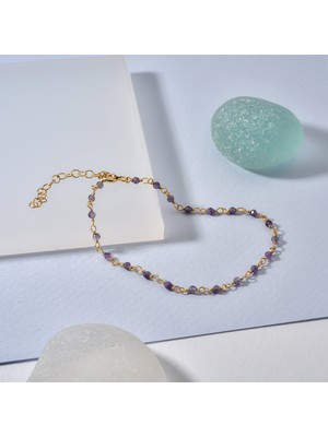14 Ayar Altın Kaplama Amethyst  Doğal Taşlı  El Yapımı Gümüş Bileklik - CBS00122