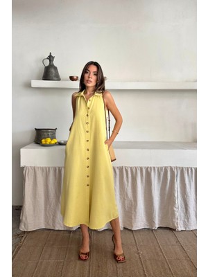 La Mode Istanbul Keten Önden Düğmeli Kolsuz Gömlek Yaka Elbise - Sarı