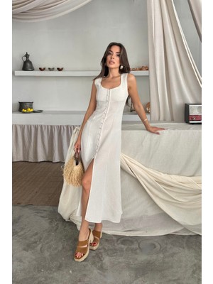 Arben Boutique Keten Kolsuz Kare Yaka Düğme Detaylı Elbise - Beyaz