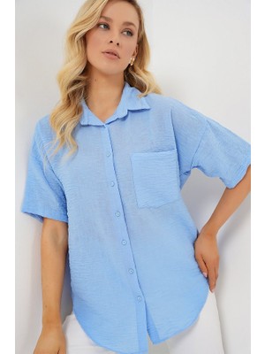 Alinn Butikk Kısa Kol Keten Görünümlü Gömlek 20336 - Mavi
