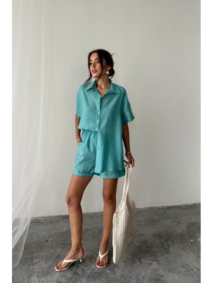 Gökyüzü Moda Gömlek - Şort Takım - Yeşil